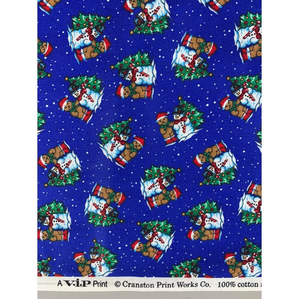 VIP Cranston Print Works Snowman Teddy Bear Blue Cotton Christmas Fabric BTY